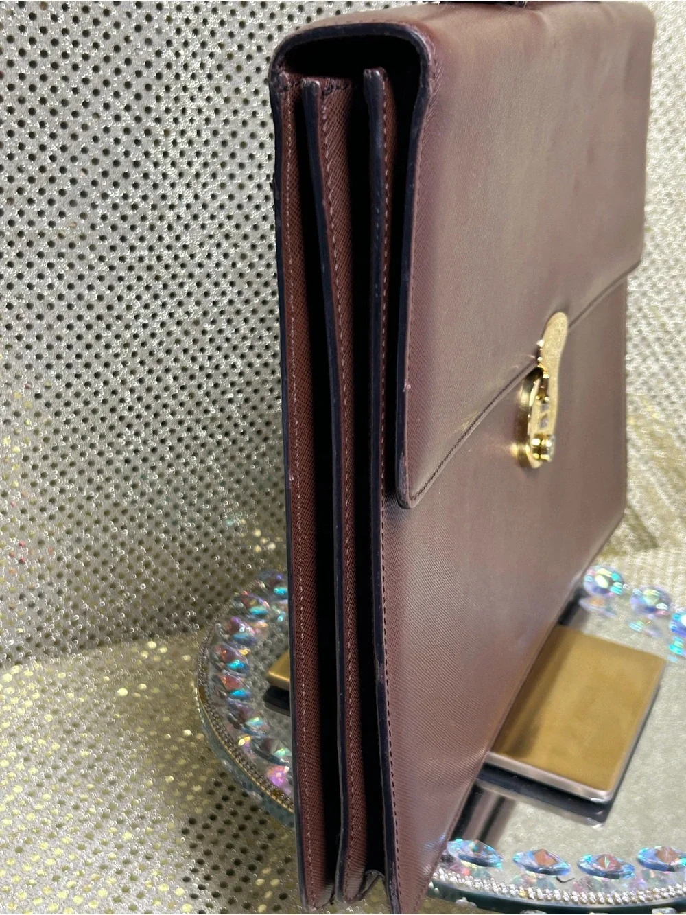 Bally Leather Briefcase in Brown with Gold-Tone Lock Approx. 15 x 10.5 x 2.5